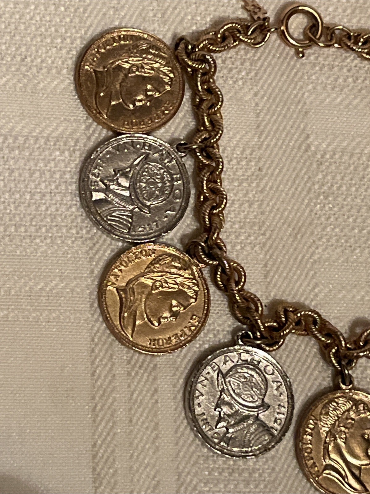 Vintage 1950s Coin Charm Bracelet Napoleon Coins Vasco Nunez de Balboa Coins 8″