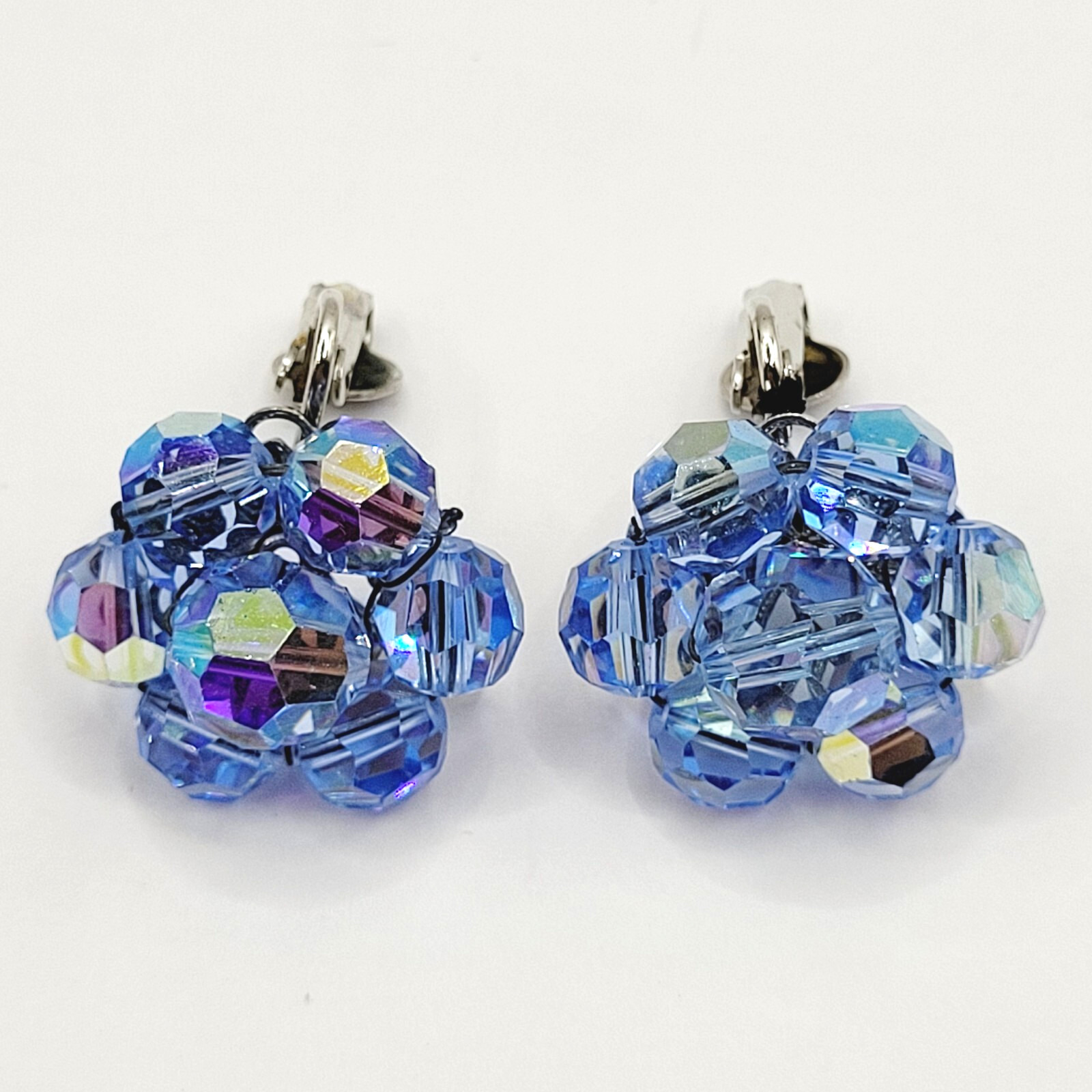 Light Blue Faceted Crystal Bead Cluster Sparkling Fancy Vintage Clip On Earrings