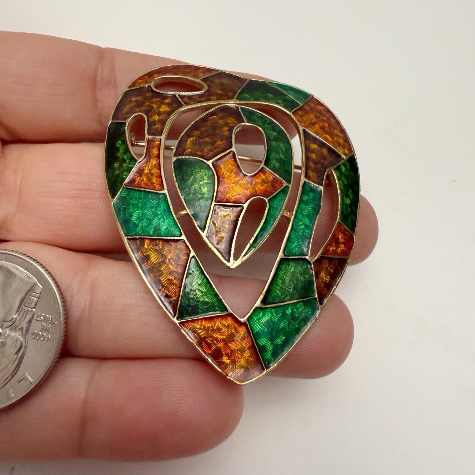 Vintage Retro Multicolor Enamel Stained Glass Style Sculptural Heart Brooch