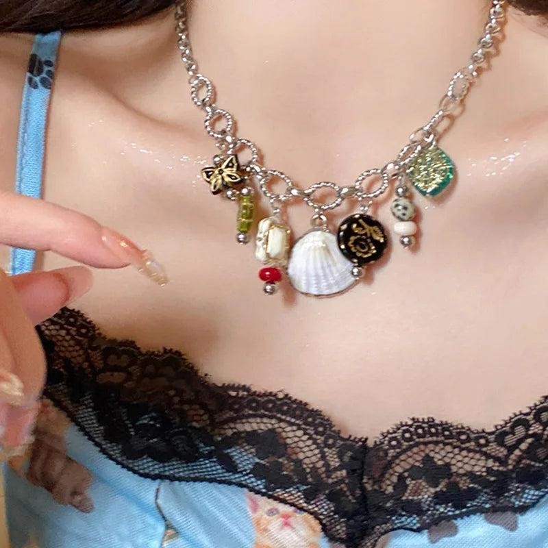 Vintage Zinc Alloy Rhinestone Butterfly Shell Choker Necklace with Tassel