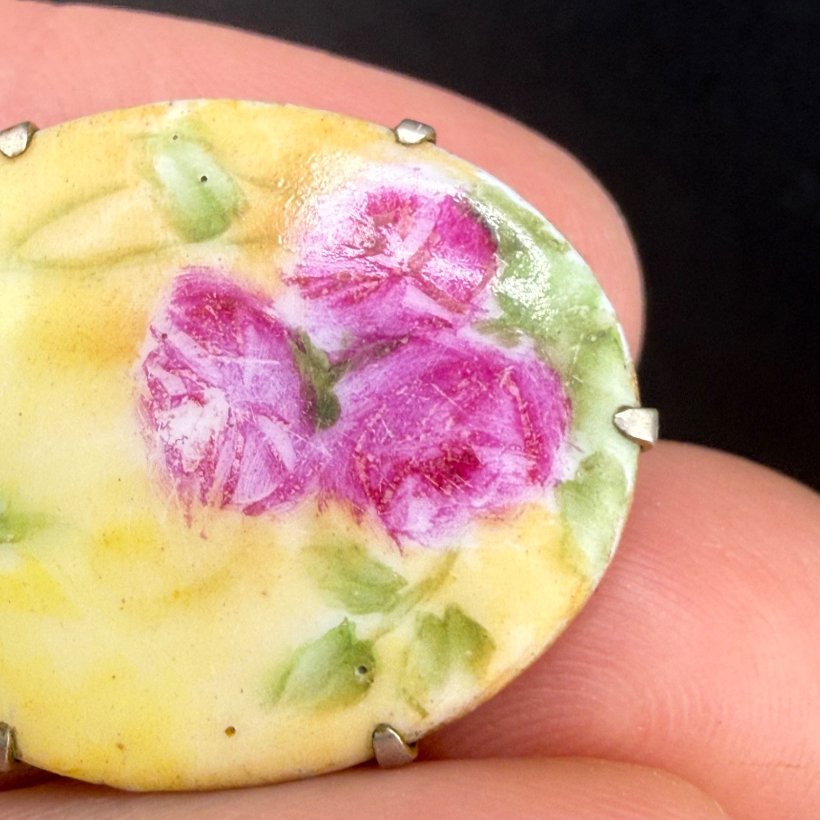 Vintage Victorian Porcelain Brooch Hand Painted Flowers Pink