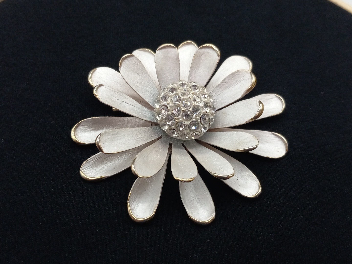 Mid-century GoldTone White Enamel Clear Pave crystals 3D Floral Design Brooch
