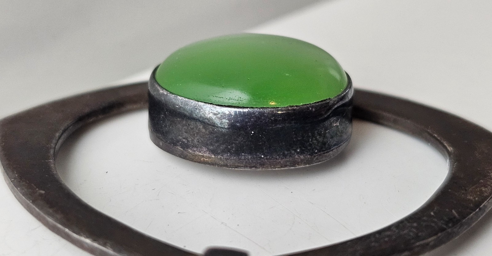 Large Mexico Sterling Abstract Modernist Pendant & Green Cat’s Eye Stone 16.7 gm
