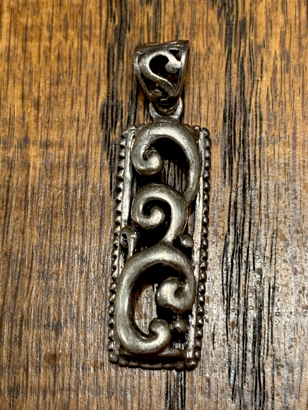 Vintage Sterling Silver 925 Artisan Vertical Bar Pendant Vine Design 1-5/8” Long