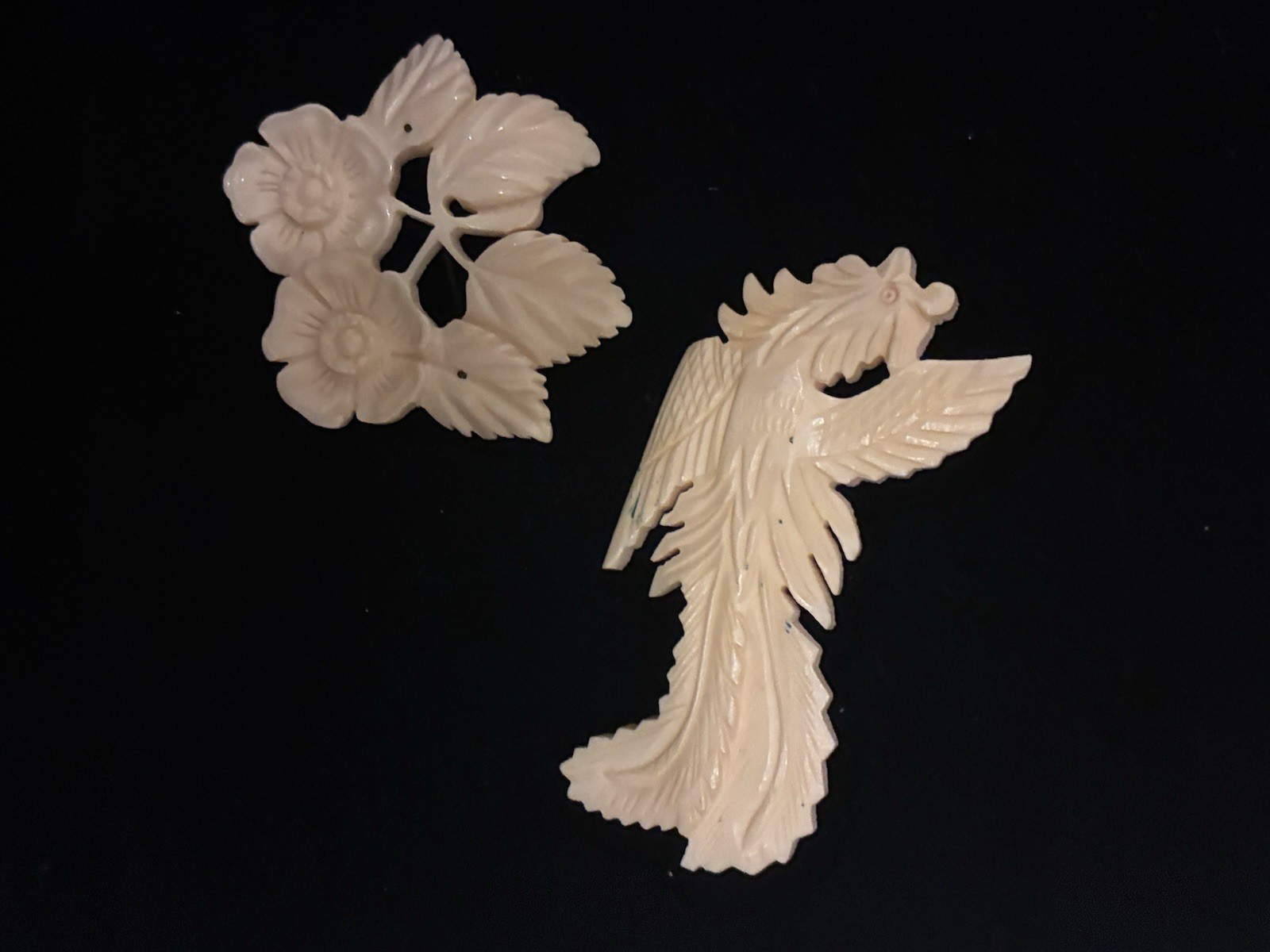 Antique Vintage Bone Brooch Chinese ? Japan? Carved Flower Bird