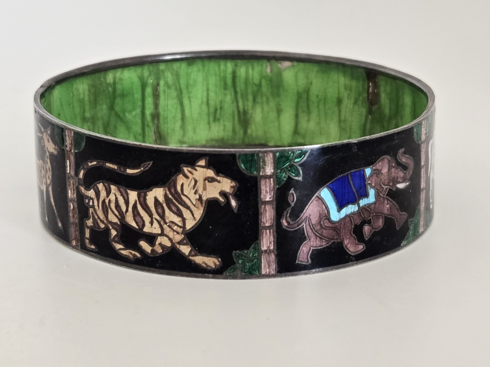 Vintage India? Highly Detailed Silver & Enameled Animal Bangle Bracelet **READ