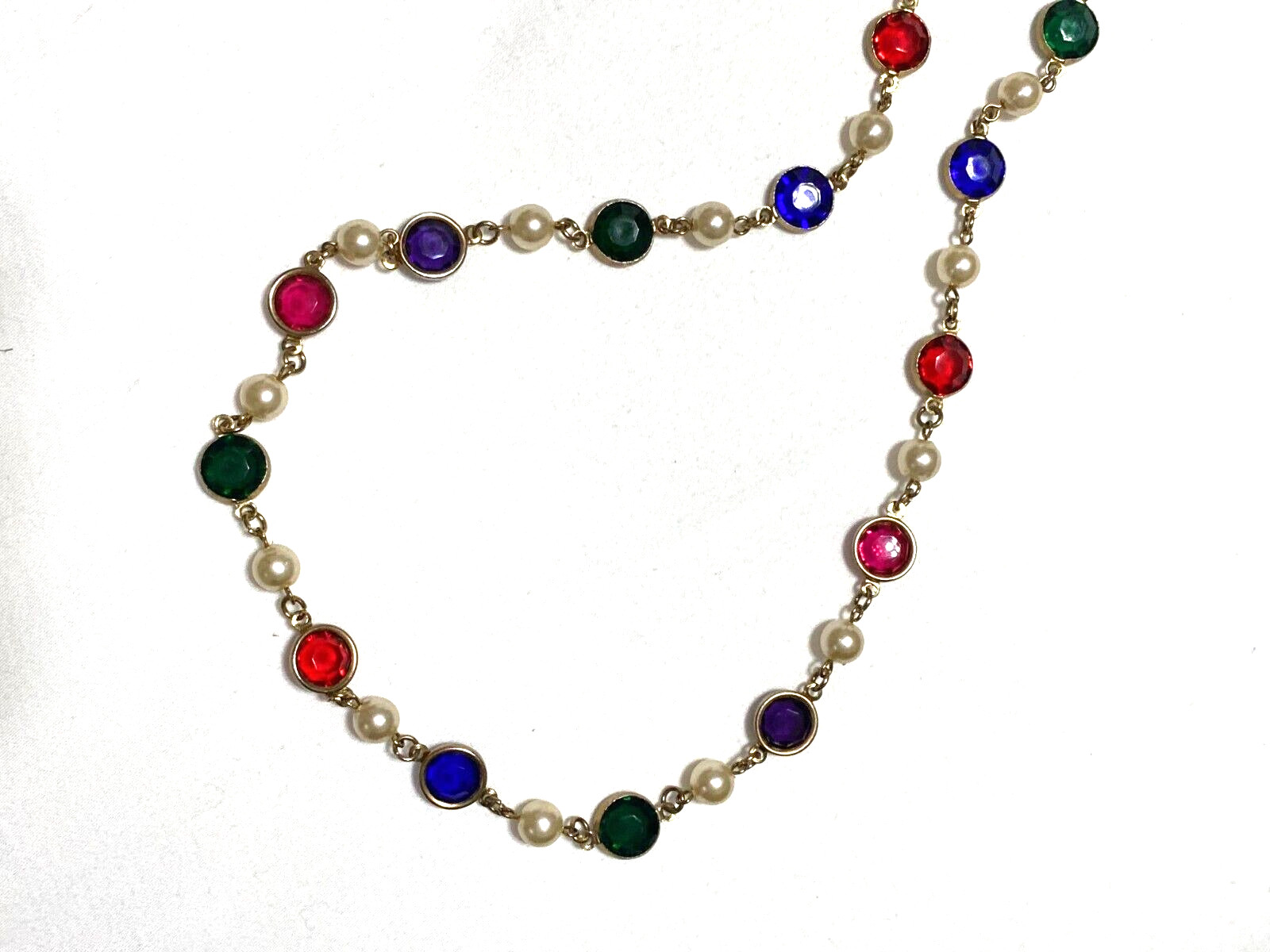 VTG 1980S JEWEL TONE GLASS BEAD NECKLACE FACETED PURPLE GREEN RED FAUX PEARL 36″