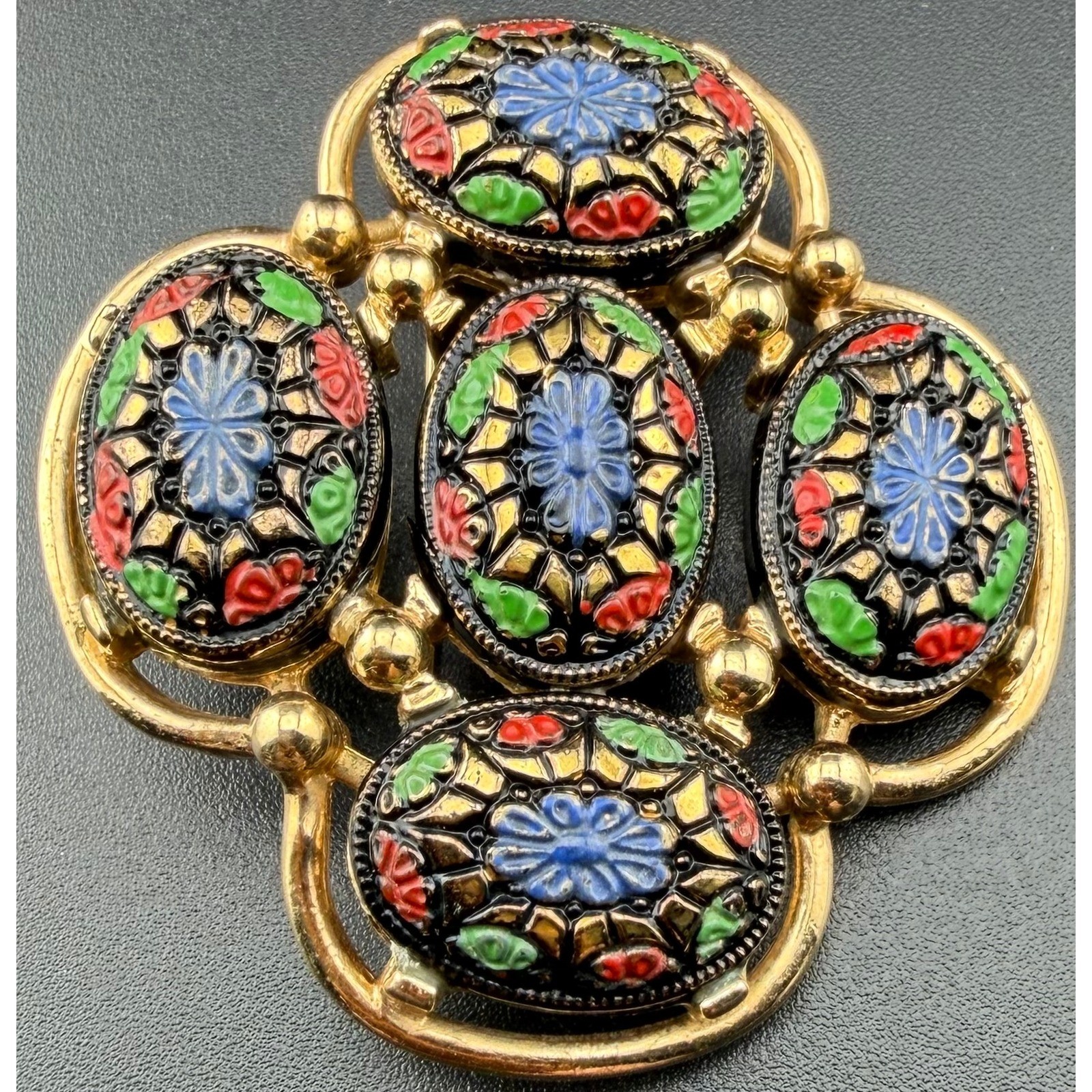 Sarah Coventry Light of the East Brooch Gold Multicolor Floral Cabochon Vintage
