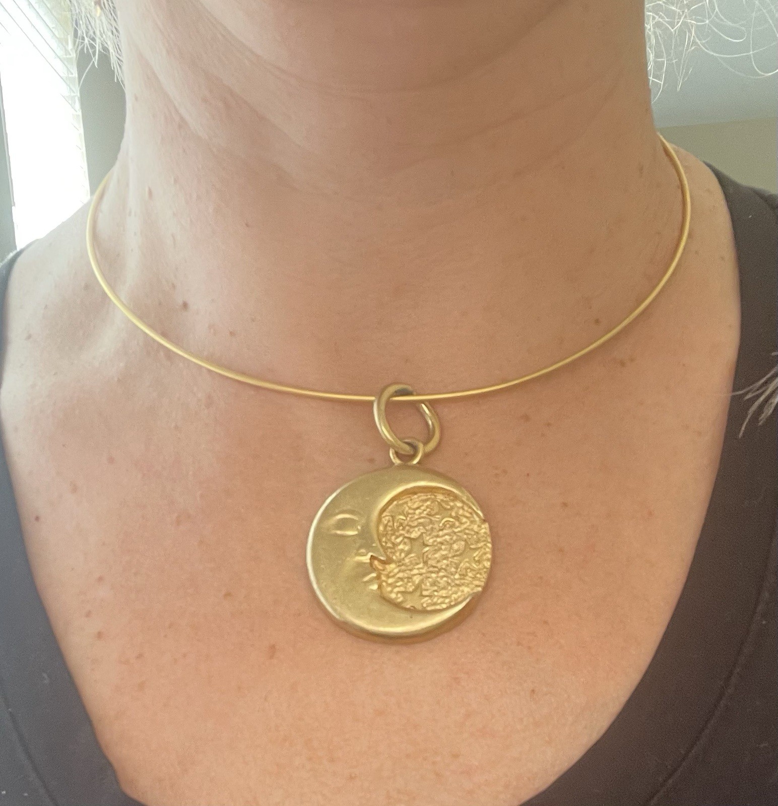Vintage Brushed GoldTone Wire Choker Celestial Moon Stars Pendant 17” Necklace