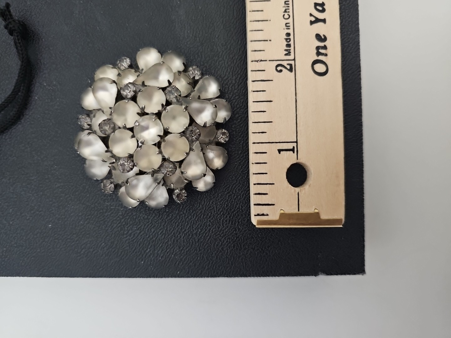 Dome Moonstone Brooch Elevated Glass Cabochon Rhinestone Pin Rhodium Plated