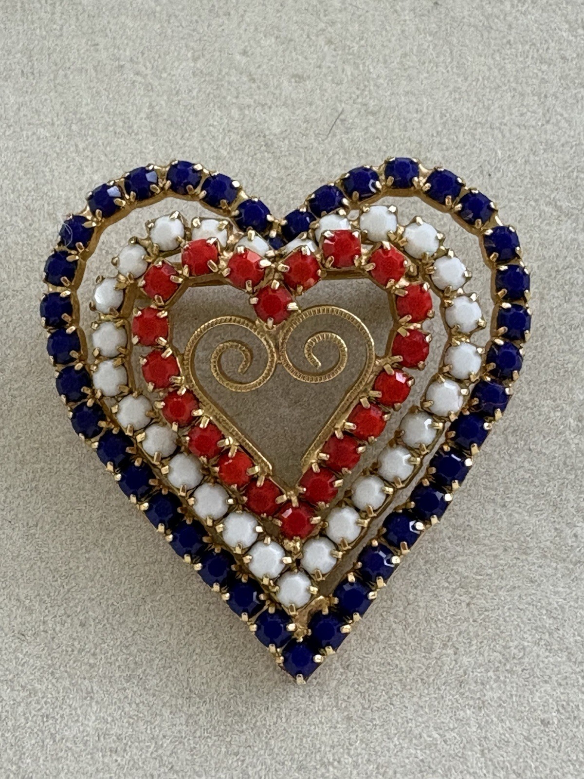Vintage Patriotic USA Triple Heart Brooch Red White Blue Rhinestones Pin