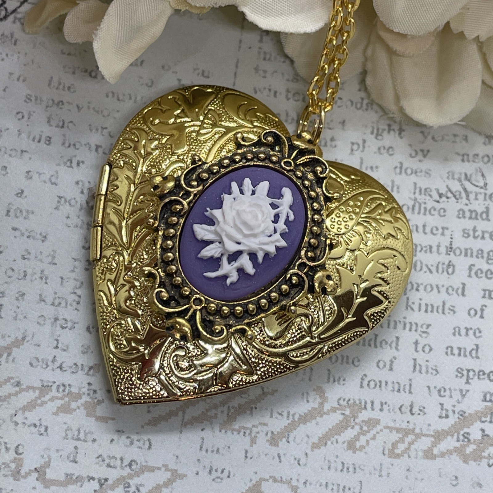 Gold Heart Locket Photo Birthday Anniversary Wedding Purple Rose Cameo Necklace
