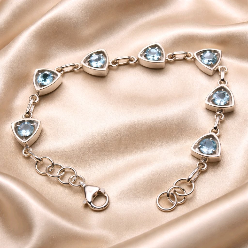 Blue Topaz Bracelet Sterling Silver Link Geometric Station Minimalist 925