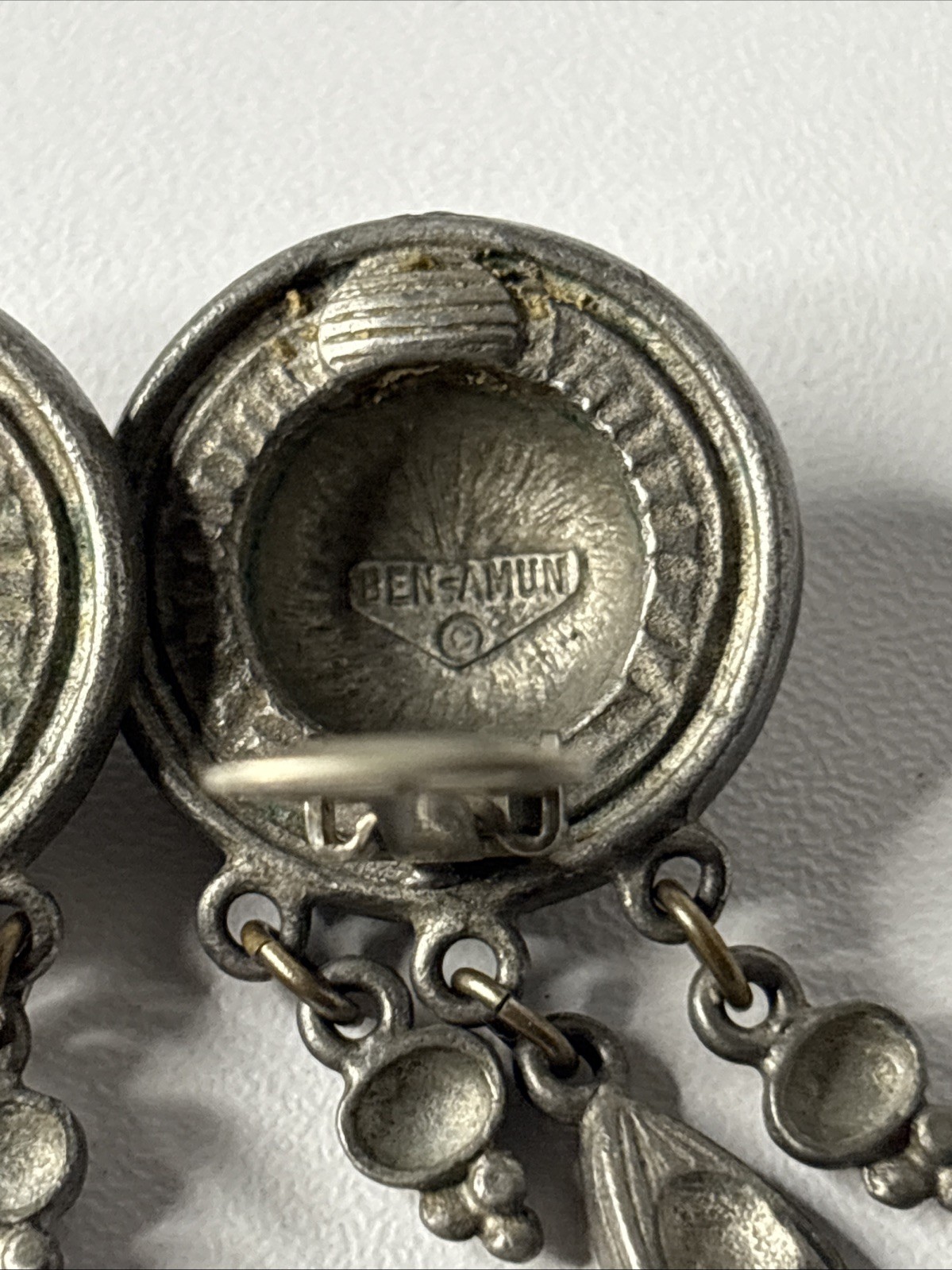 Ben Amun Signed Silver Tone Engraved Medallion Earrings W Three Teardrop Dangles