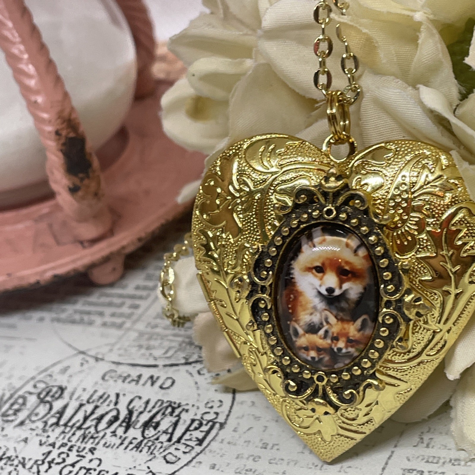 Gold Heart Locket Photo Kit Birthday Anniversary Wedding Fox Mom Baby Necklace