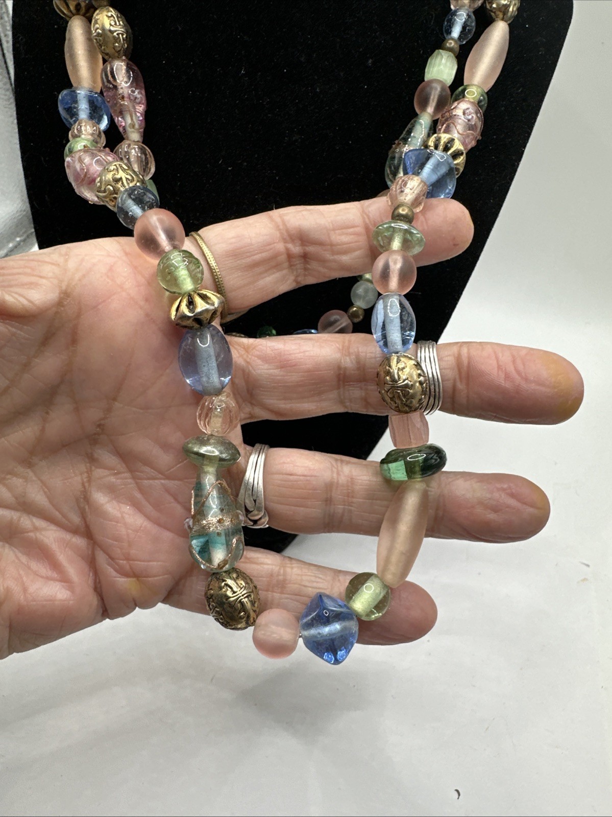 Vintage 40” Pastel art glass lamp work, beads necklace brass tone spacers Beach