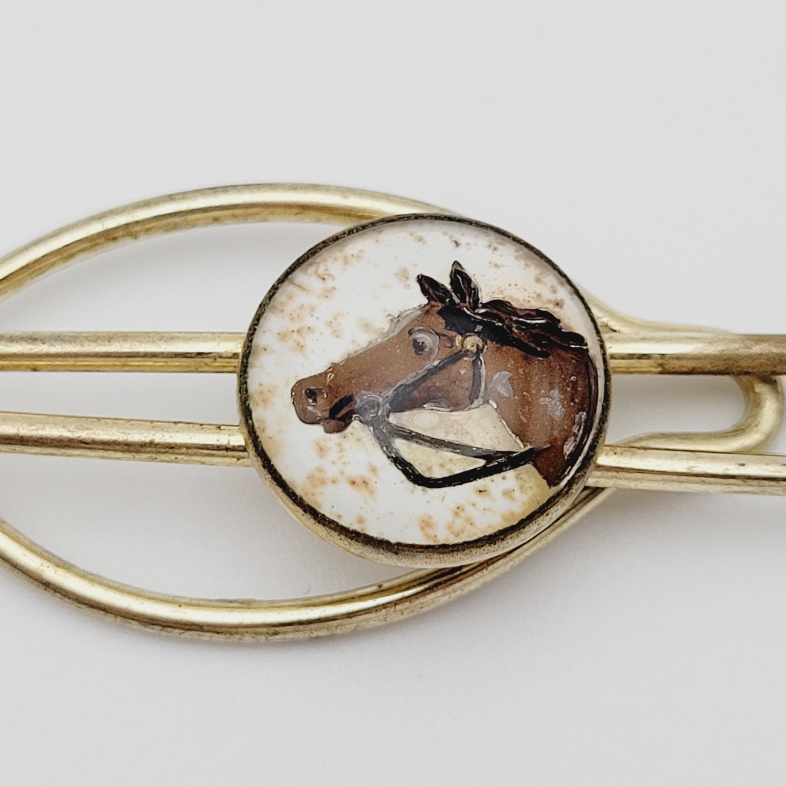 Horse Equestrian Western Reverse Painted Cameo Gold Tone Tie Clasp Bar Clip Worn