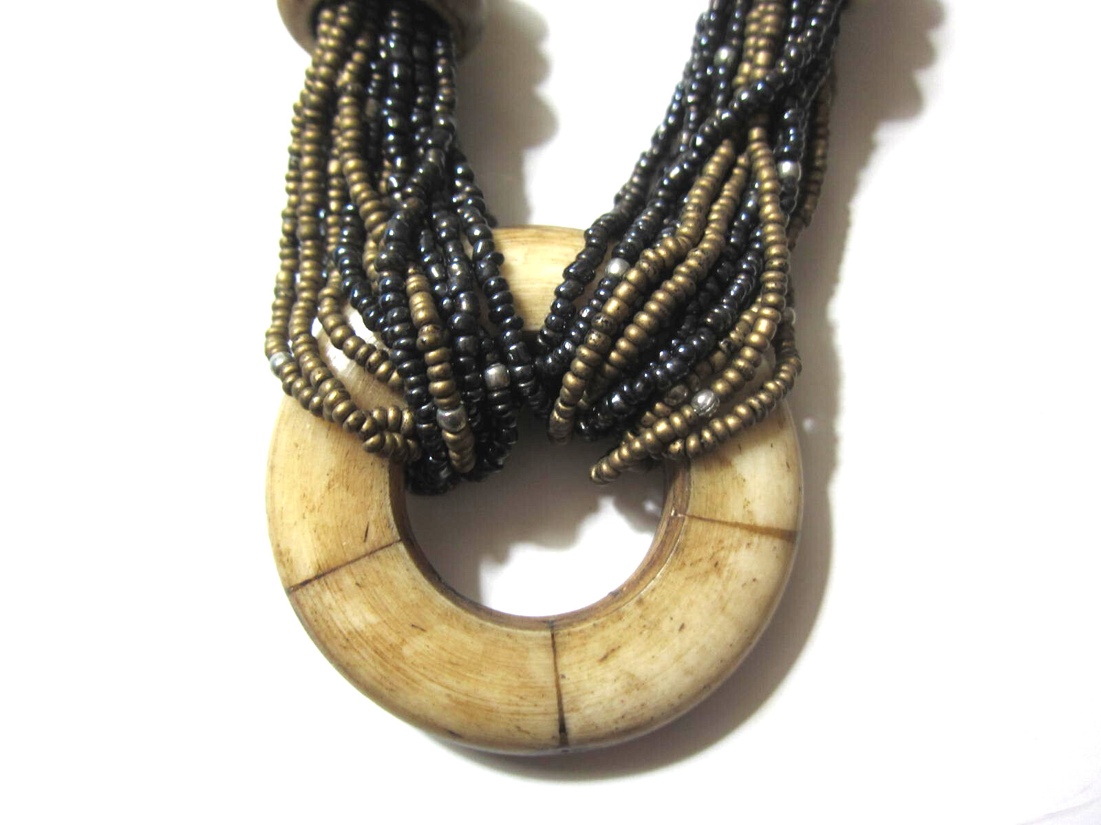 Vintage 80’s Multi Strand Matte and Brown Gold Tone Wood Horn Necklace 12 in