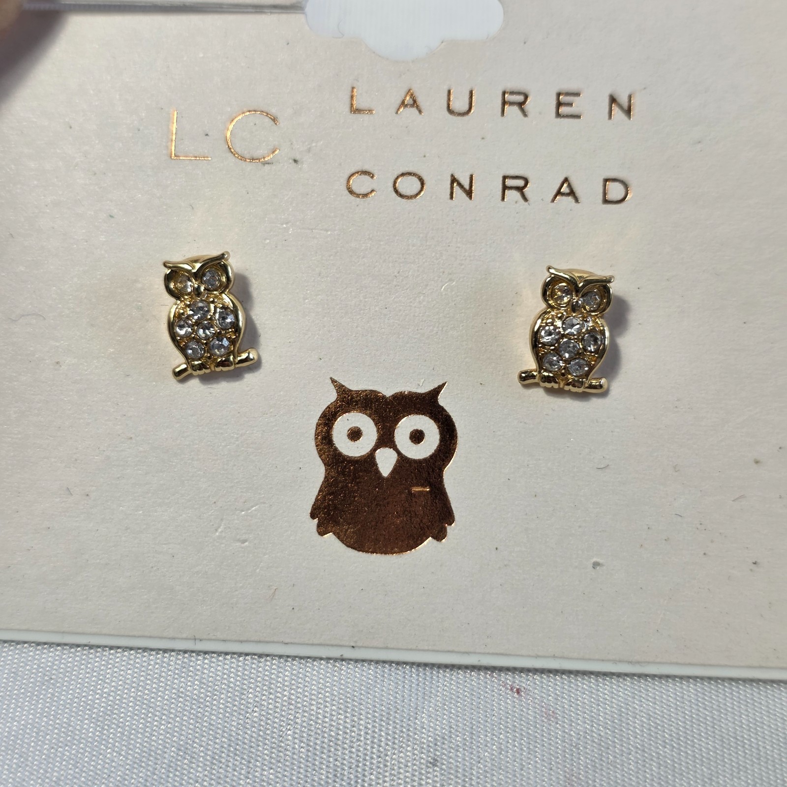LC Lauren Conrad Owl Stud Earrings Gold Tone White Rhinestone Nickel Free