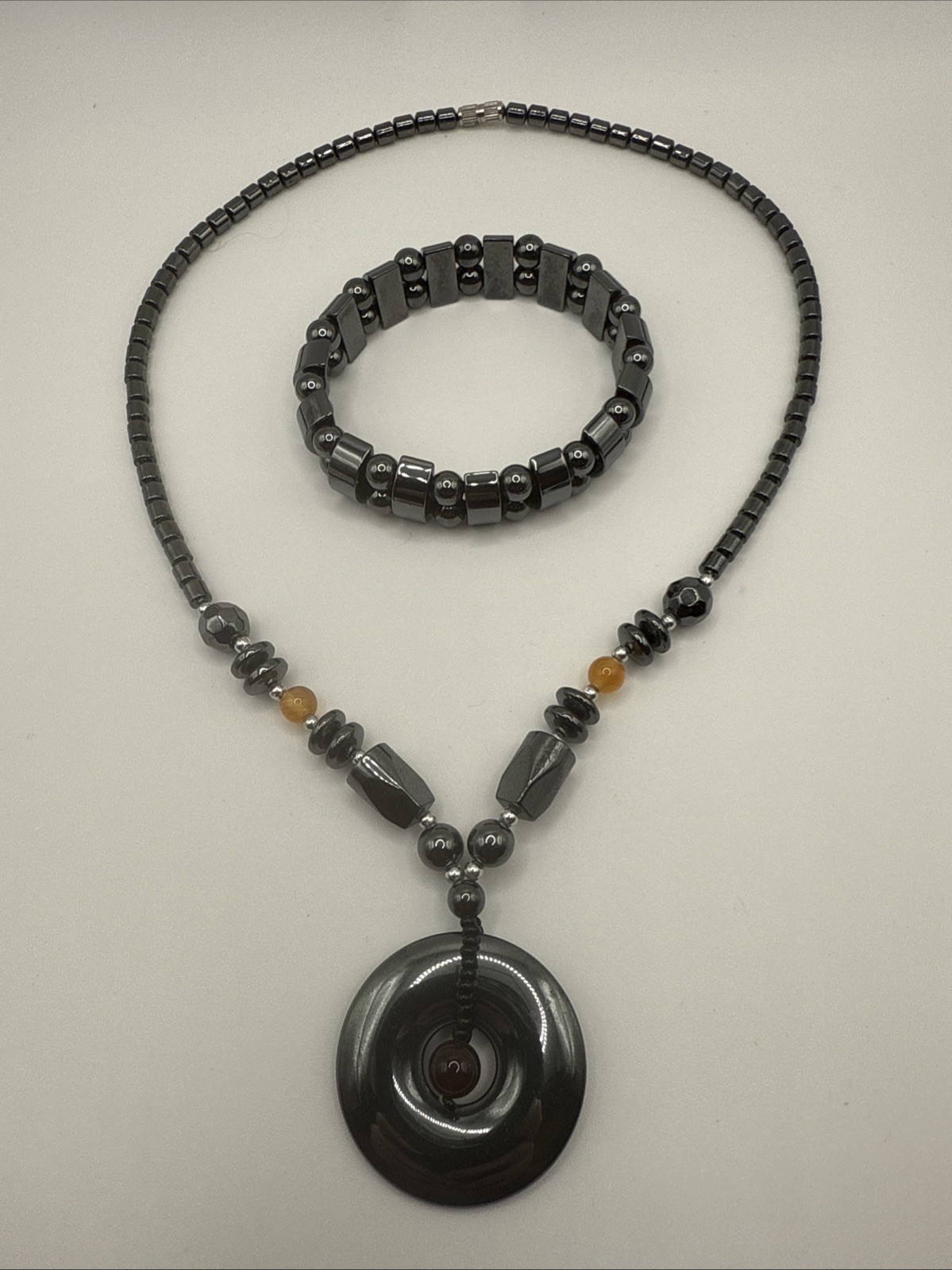 Vintage Hematite Necklace Stretch Bracelet Set Whimsigoth Barrel Clasp 17.5”