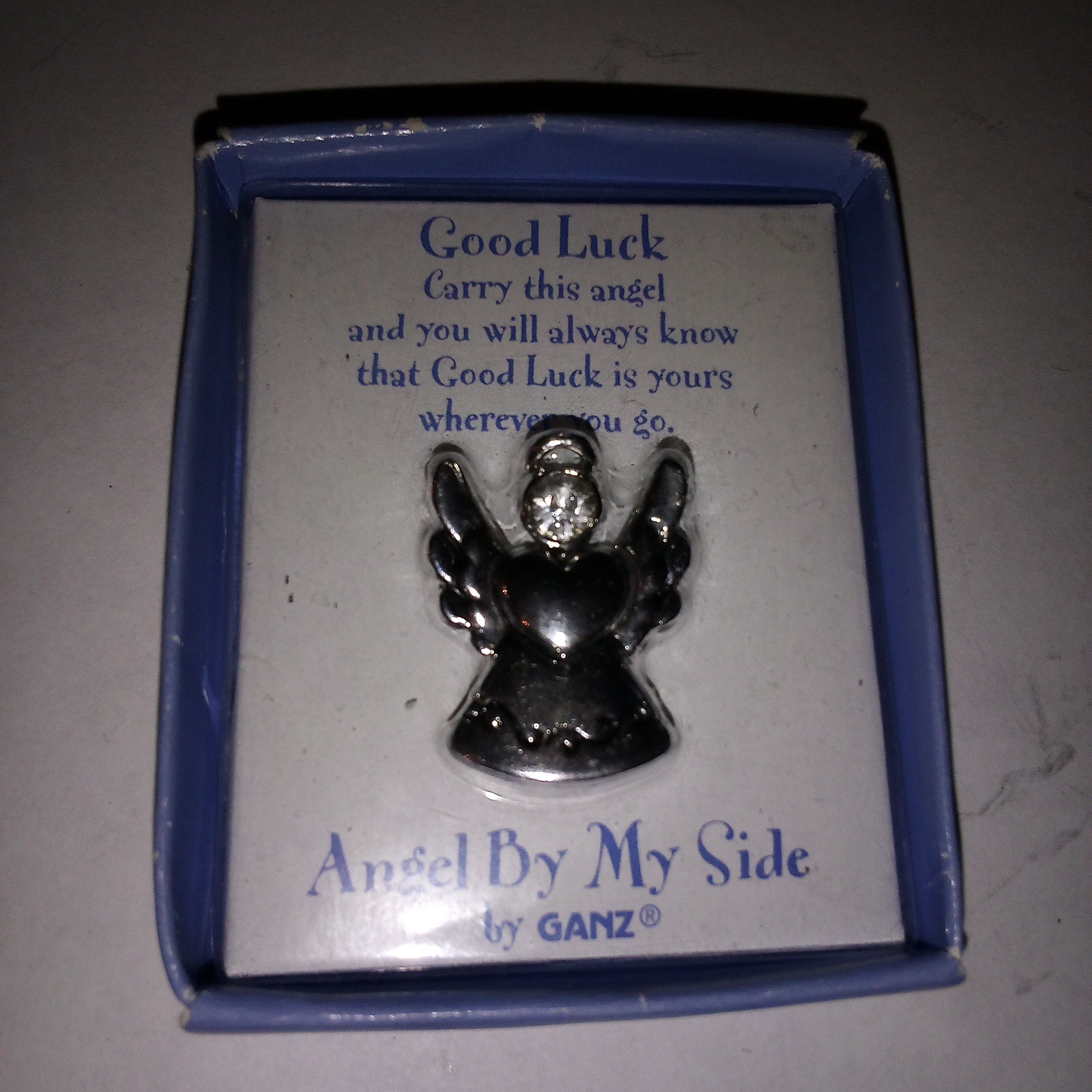 Vintage Ganz Angel By My Side Good Luck Silver Tone & Crystal Pocket Charm