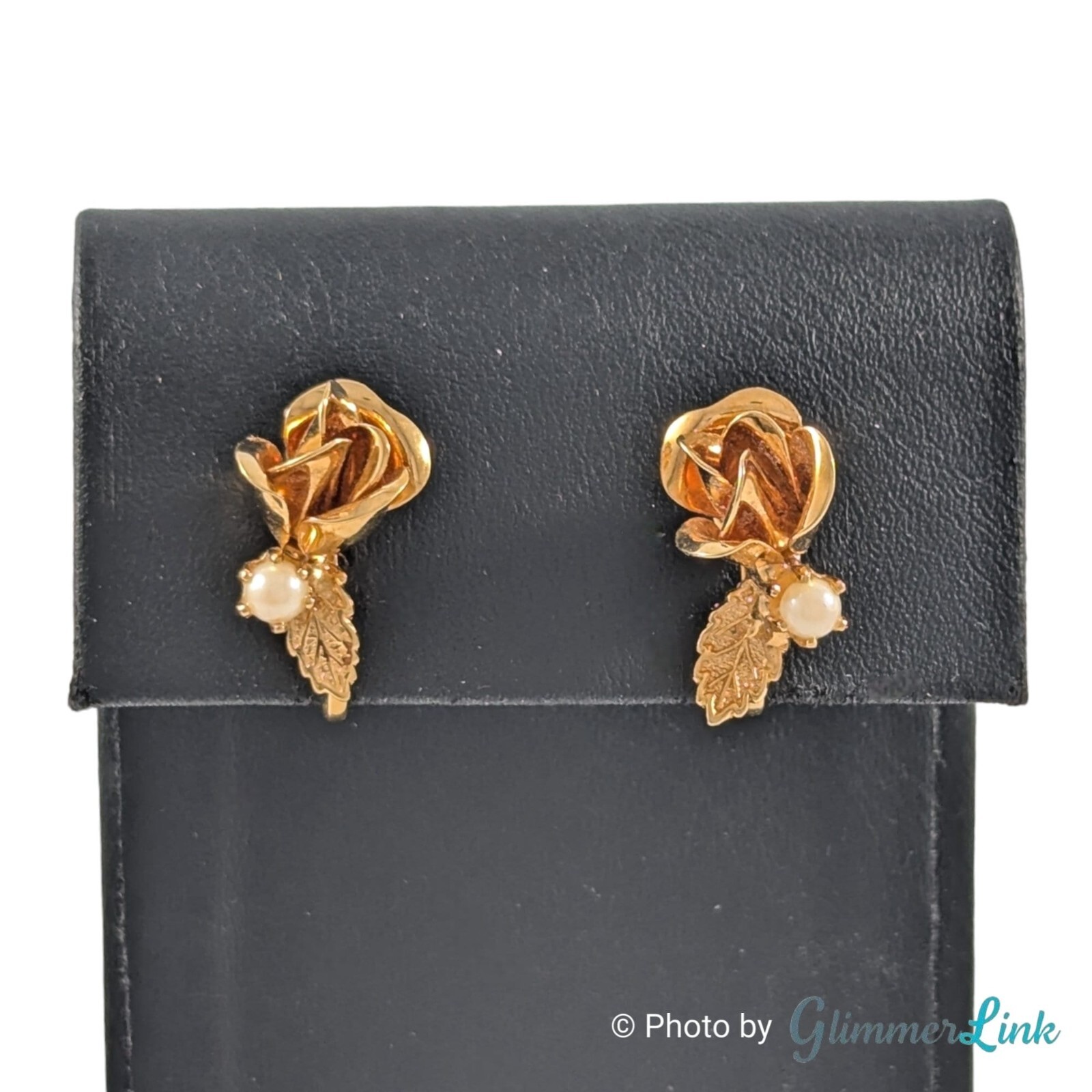 Vintage Rose Leaf Faux Pearl Gold Tone Adjustable Clip On Earrings