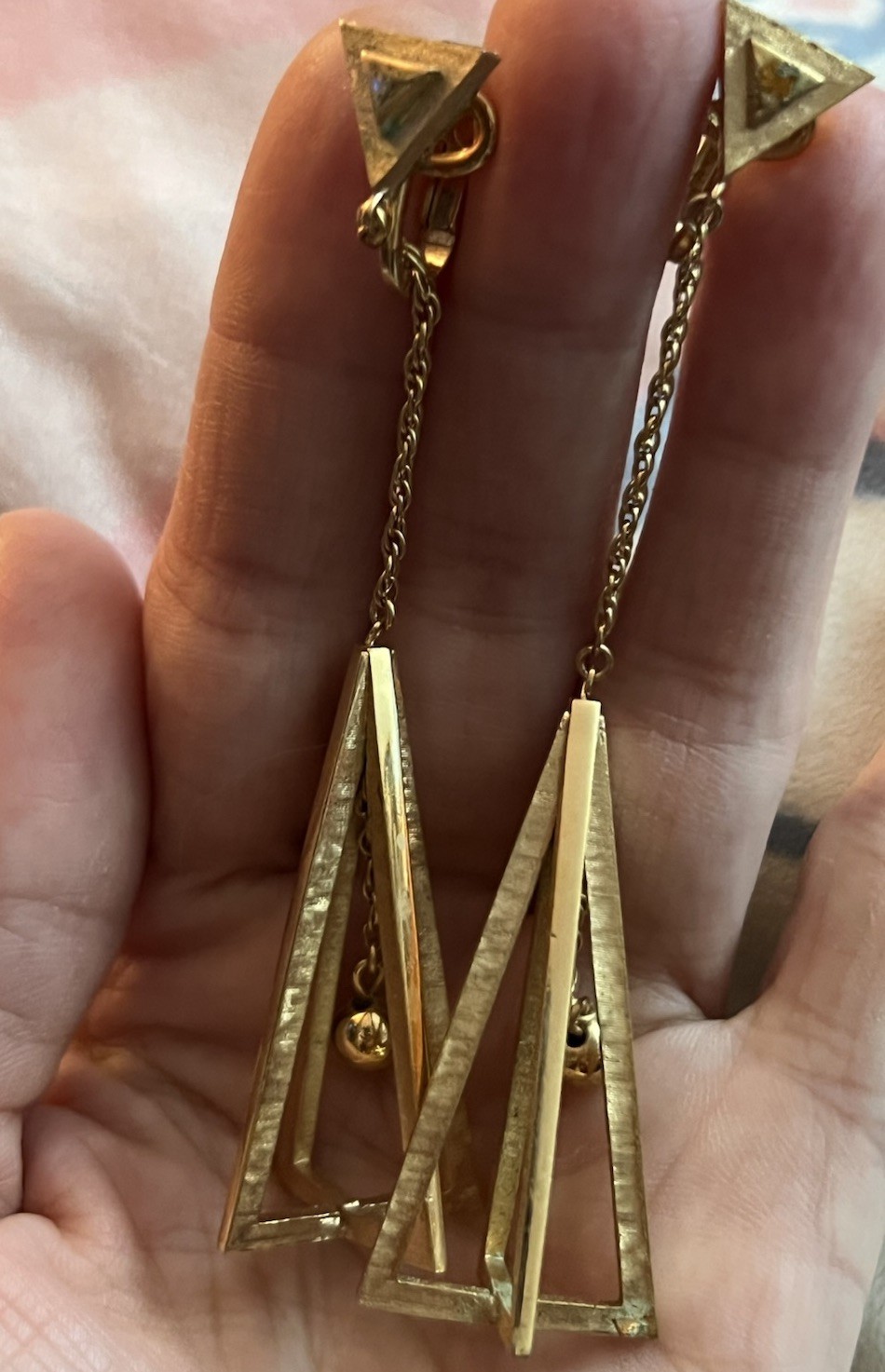 Vintage TRIFARI Dangle Long Triangle Clip Earrings Gold Tone