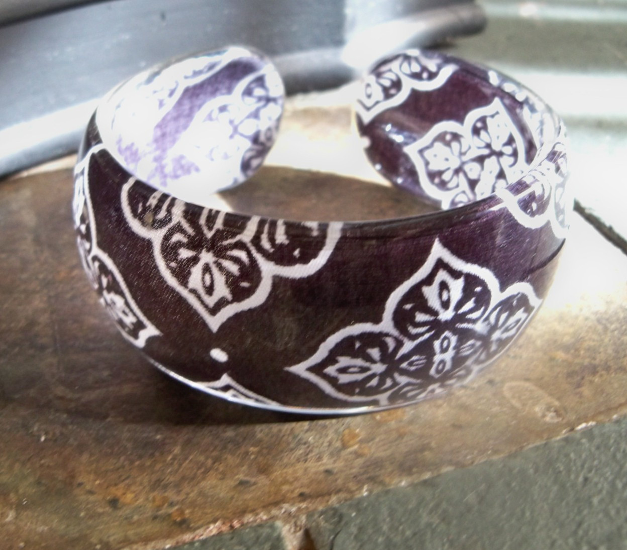 bracelet clear transparent jewelry cuff plastic resin inlay fabric black white