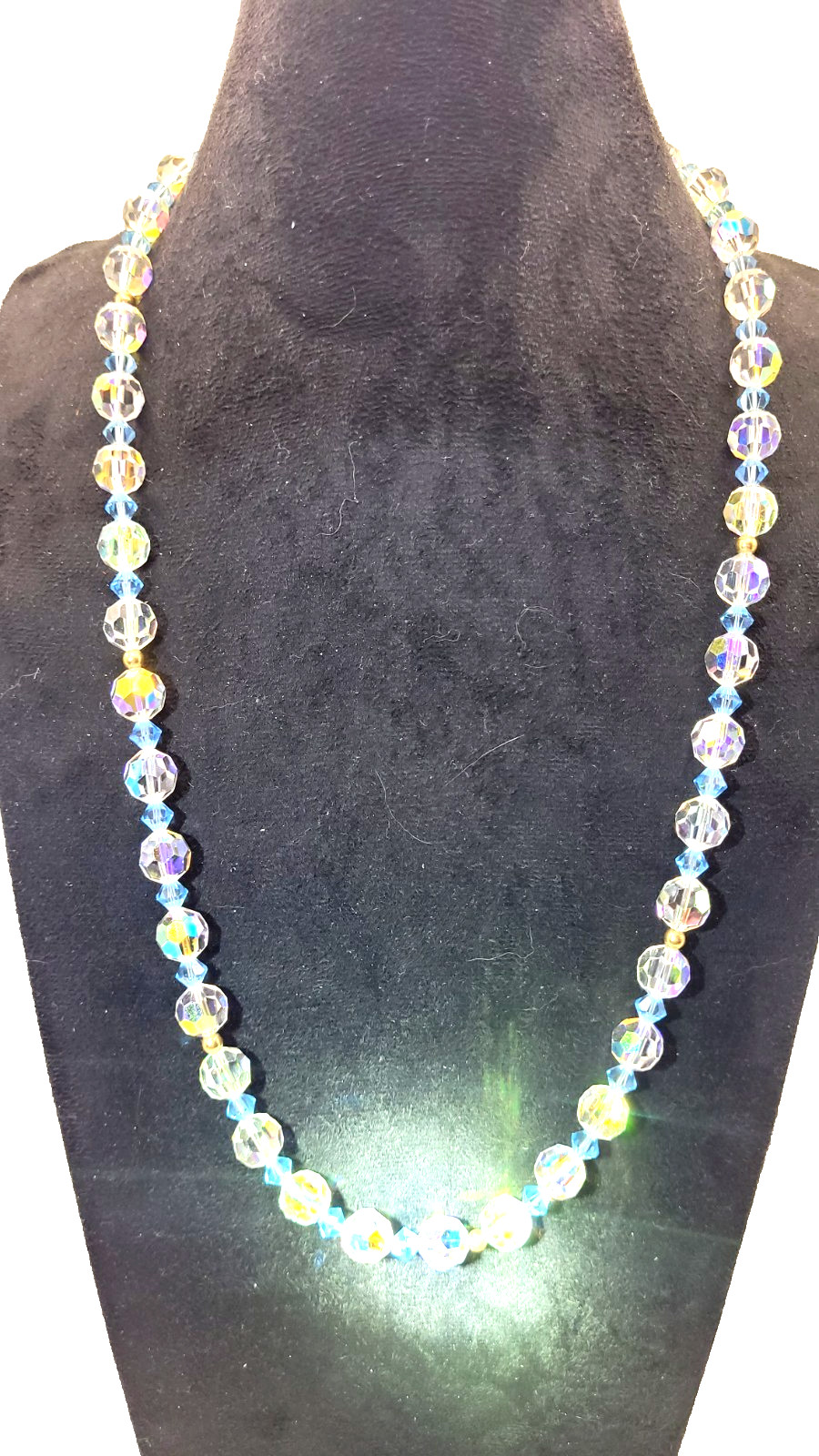 Vintage Czech 25” Necklace Crystal AB Aurora Borealis Faceted Blue Ball Glass