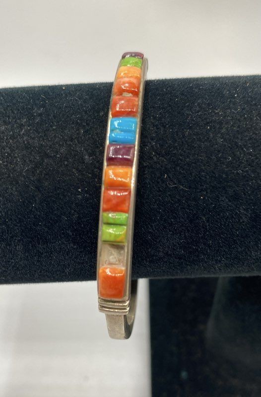Vintage Sterling Silver 925 Multi Gemstone Inlay Cuff Bracelet Southwestern 17g