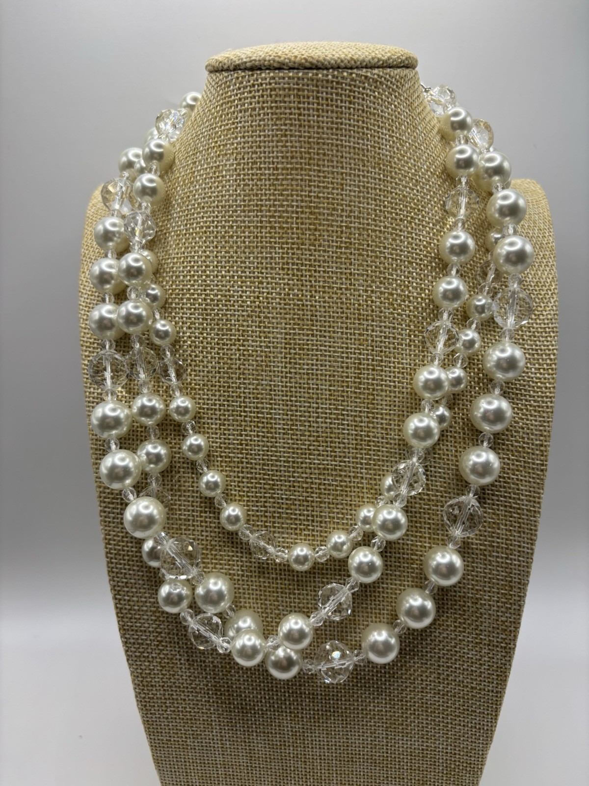 Vintage KJL Kenneth Jay Lane 3 Strand Faux Pearl Faceted Crystal Necklace 19″