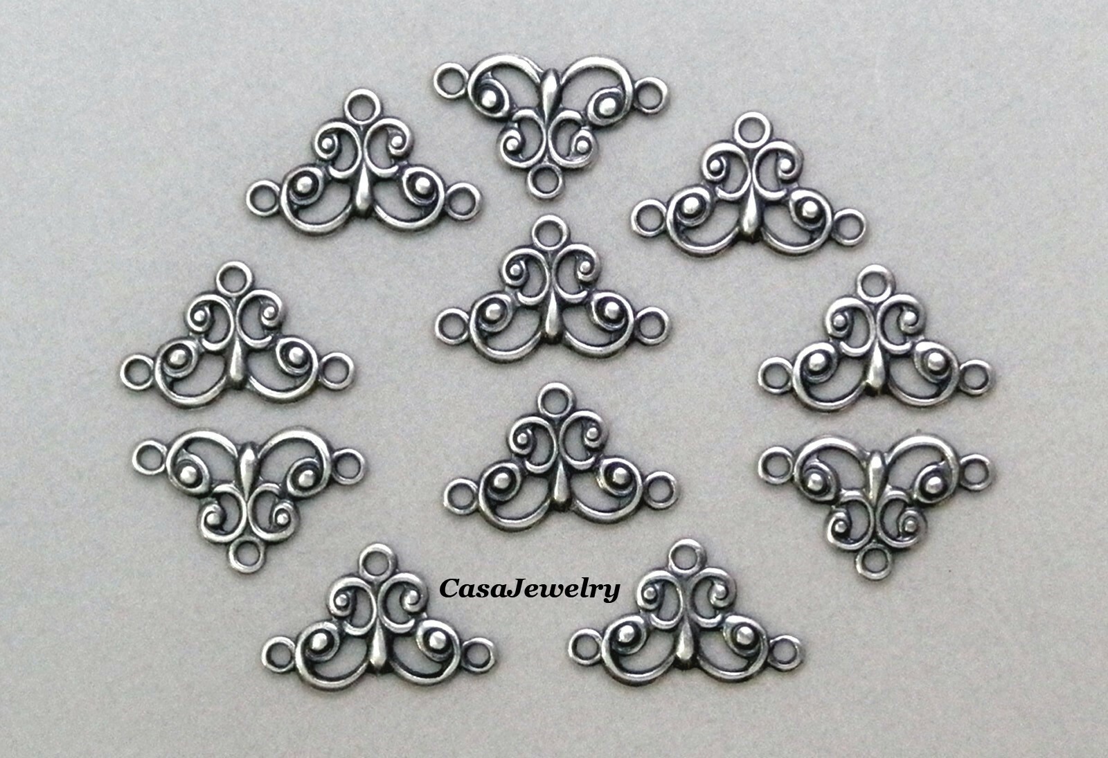 #1444 ANTIQUED STERLING SILVER PLATED 3-RING OPEN FILIGREE CONNECTOR – 12 Pc Lot