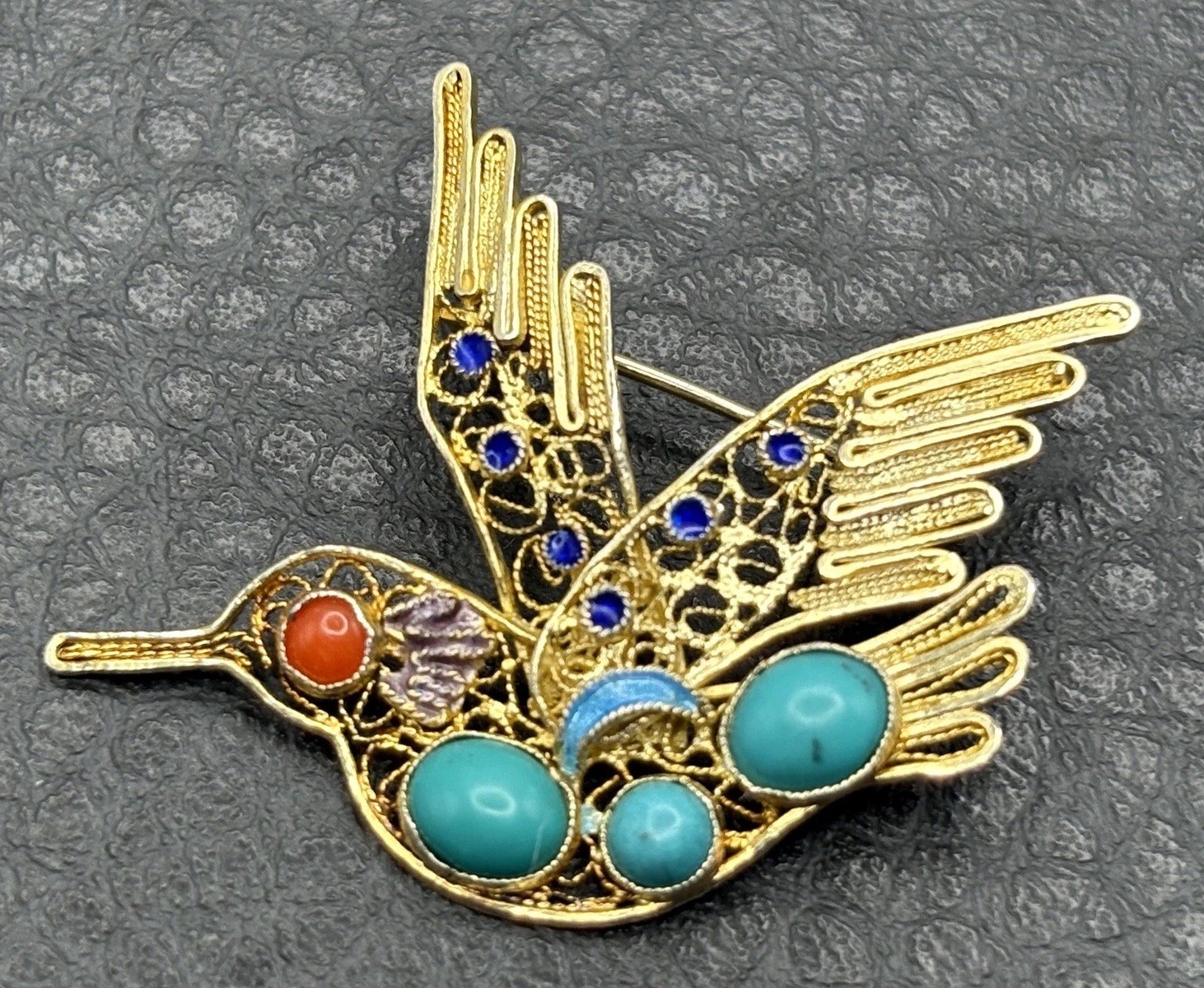 VTG Hummingbird Brooch Vermeil 925 Sterling Silver Turquoise Coral Blue Enamel