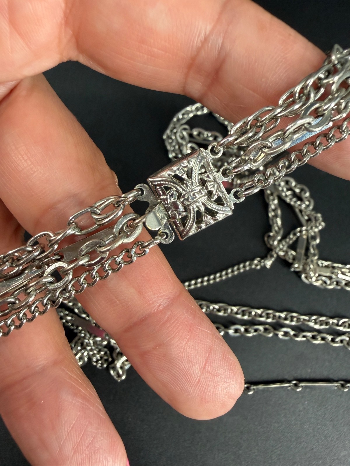 Vintage Silver Tone Layered Chain Statement Necklace Multi Strand MCM Retro
