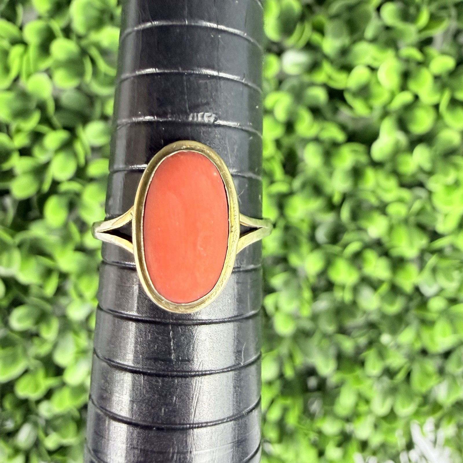 Vintage Antique? Natural Coral Cabochon 800 Silver Gold Tone Ring Size 6.75-7ish