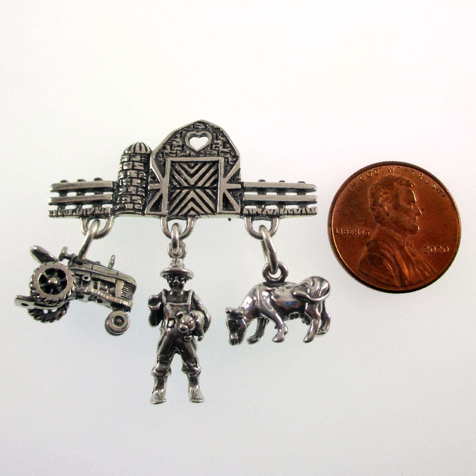 Sterling Silver FARM PIN Tractor FARMER Cow PIG Brown County Silver BARN Brooch
