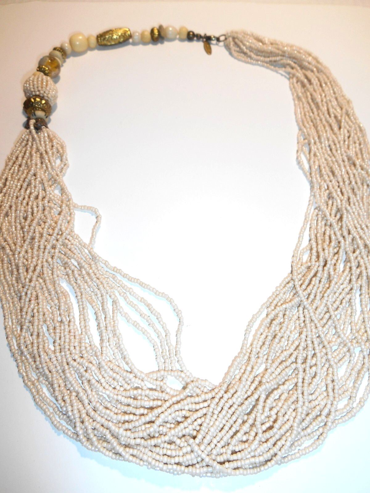 VTG AVENUE Multi Strand Beige Glass Micro Bead Bone Stone & Metal Necklace 28″
