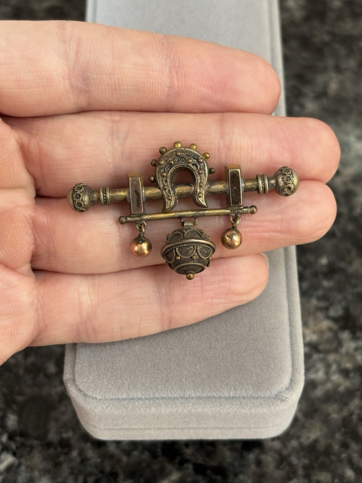 Antique Victorian Etruscan Horseshoe Rolled Gold Dangle Ball Brooch Pin Very Old