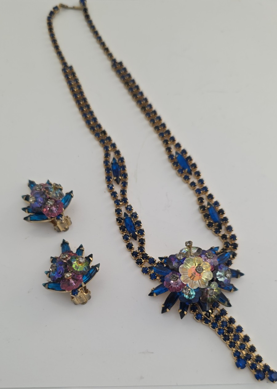 Frank Rifas Signed AB Rhinestone Bib Necklace & Earrings Set Vintage Glam 💎✨🖋️