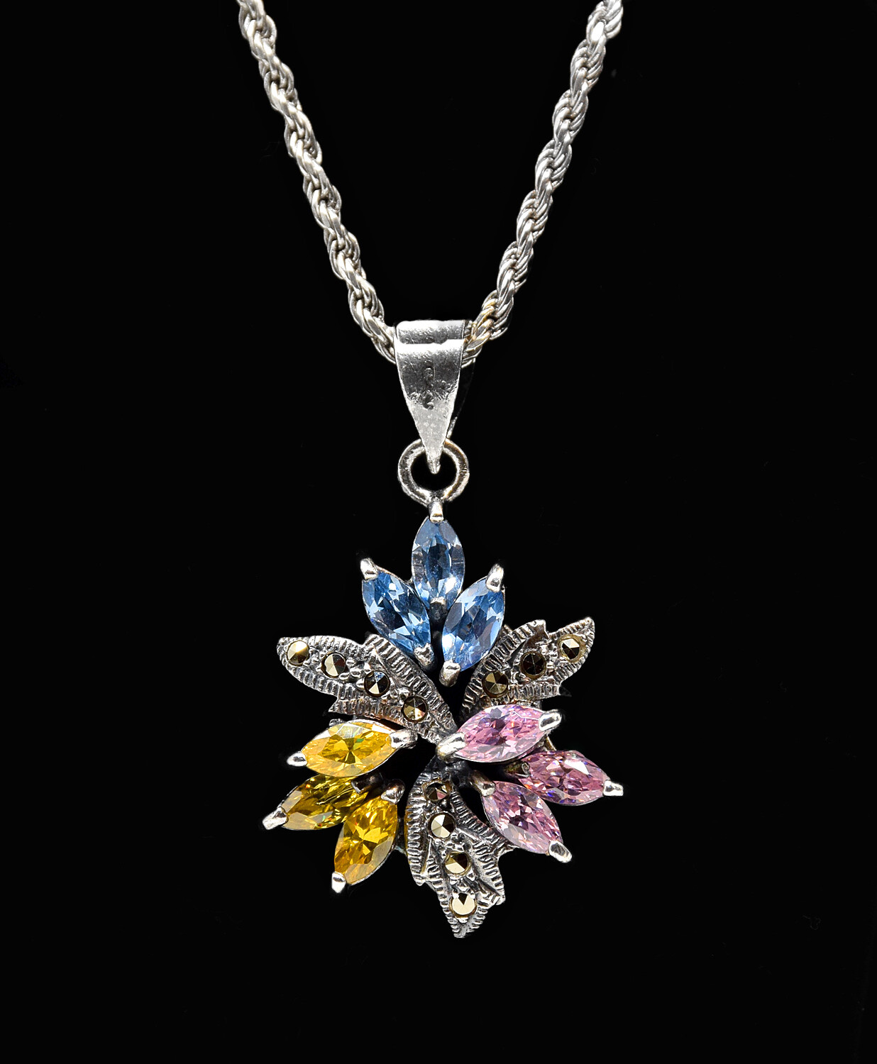 Vintage .925 Sterling & Multi-Color Topaz FLOWER Pendant W/Chain, Made in Italy.