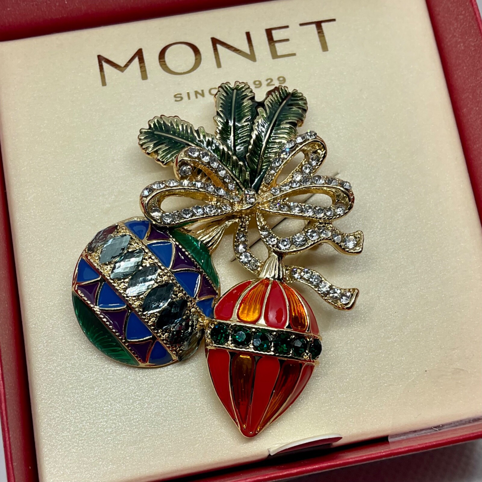 Monet Christmas Ornament & Pine Brooch Pin Enamel & Pave Rhinestones NEW in Box