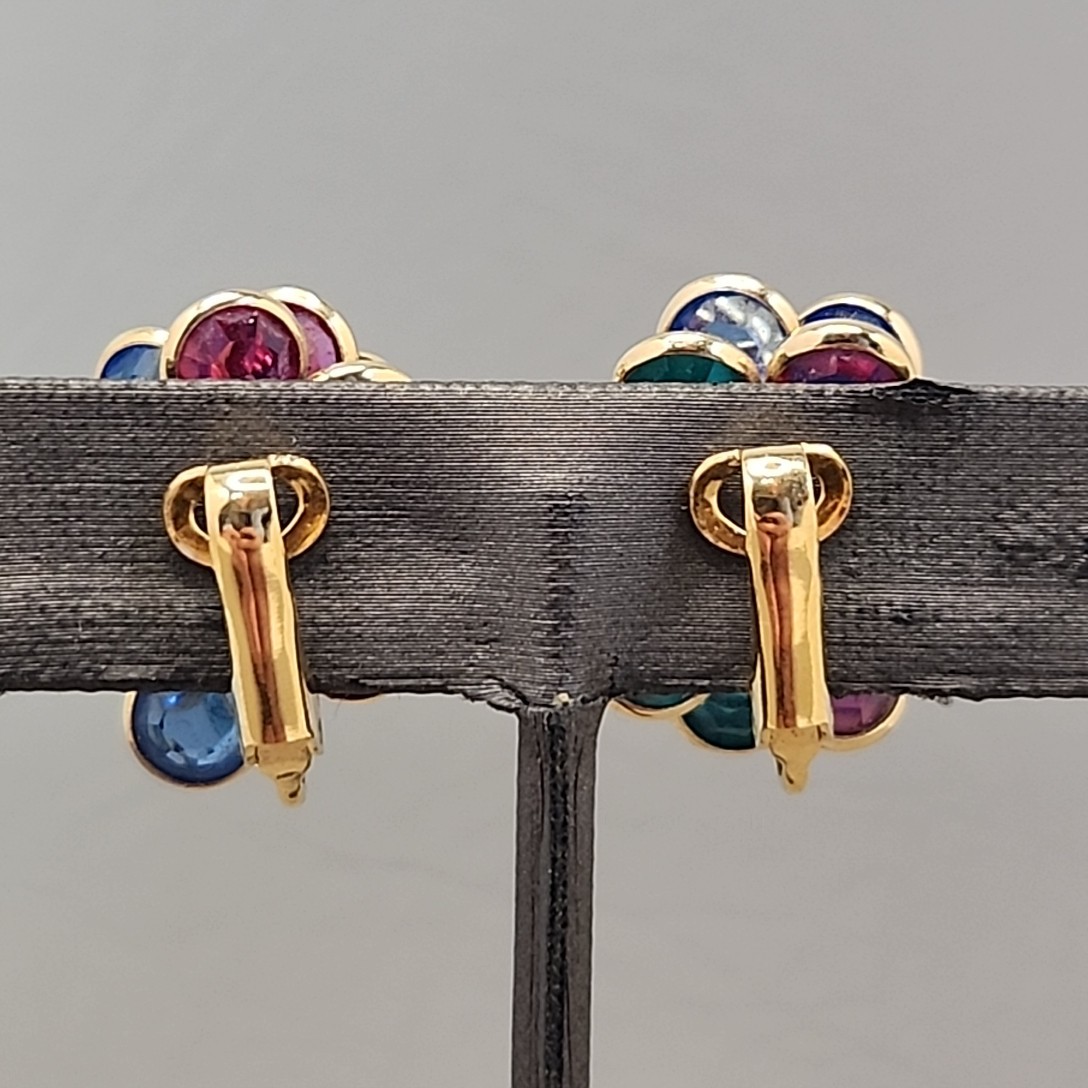 Vintage Open Bezel Clip On Earrings Gold Tone Layered Multicolor 3/4″