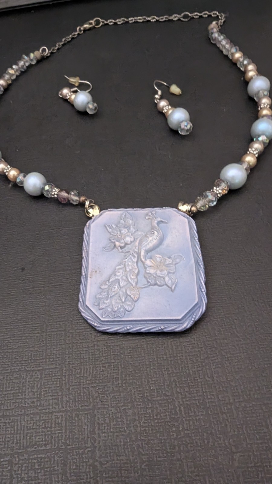 Vintage Light Blue Embossed Peacock Necklace – possibly Celluloid? With Earrings