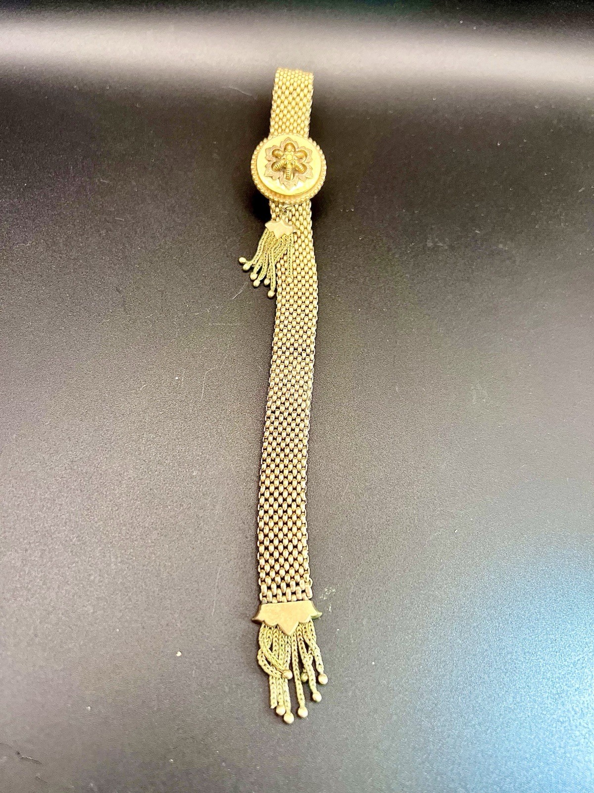 Vintage Victorian PAT 1871 Gold Mesh Tassle Slide Bracelet Shows Signs of Wear