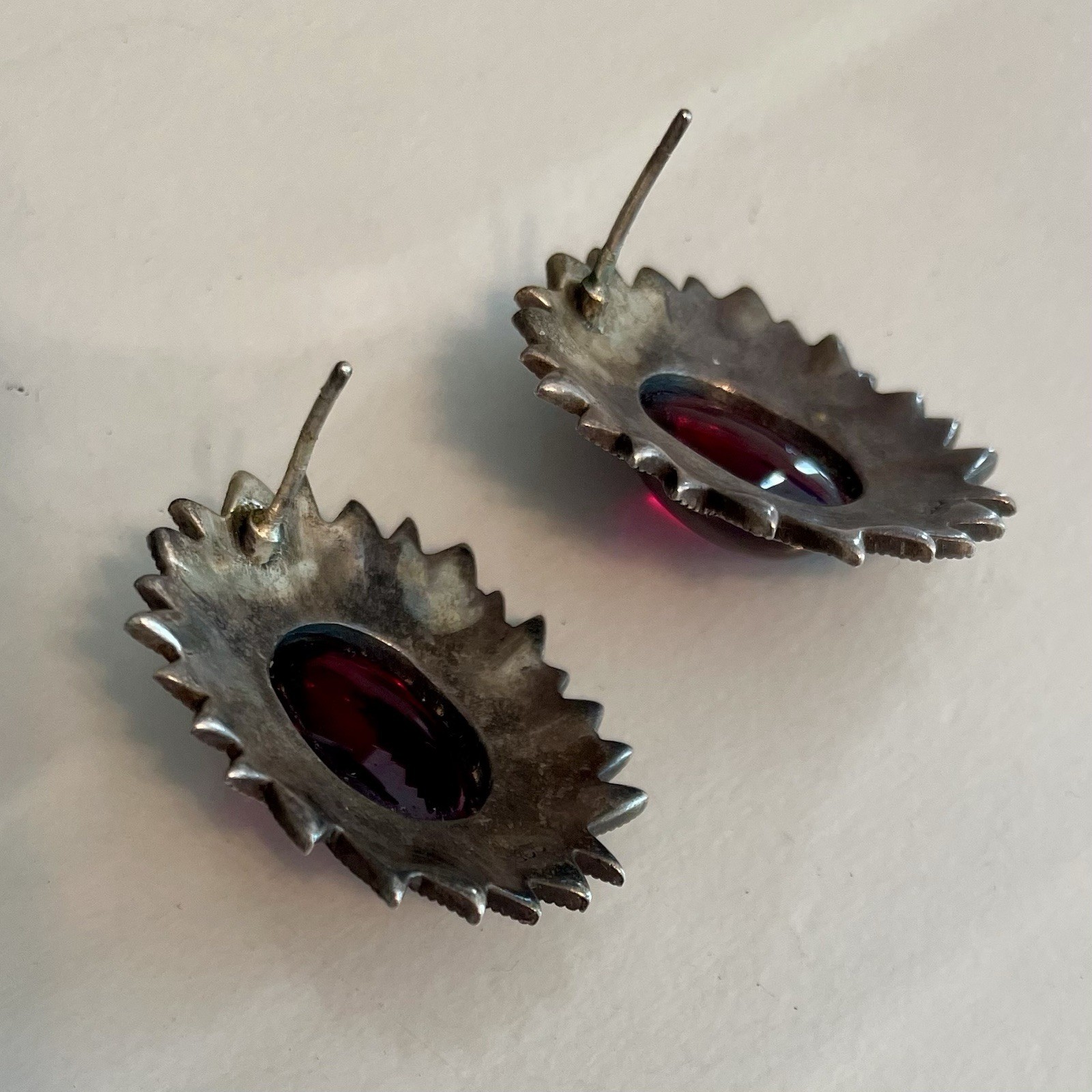 Vintage Ruby Red Cabochon Marcasite Style Statement Earrings Silver Tone ArtDeco