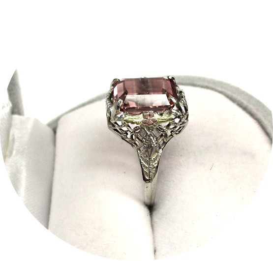 Gorgeous Rosy-Pink TOURMALINE Ring – Art Deco Filigree – 14k Solid White Gold…