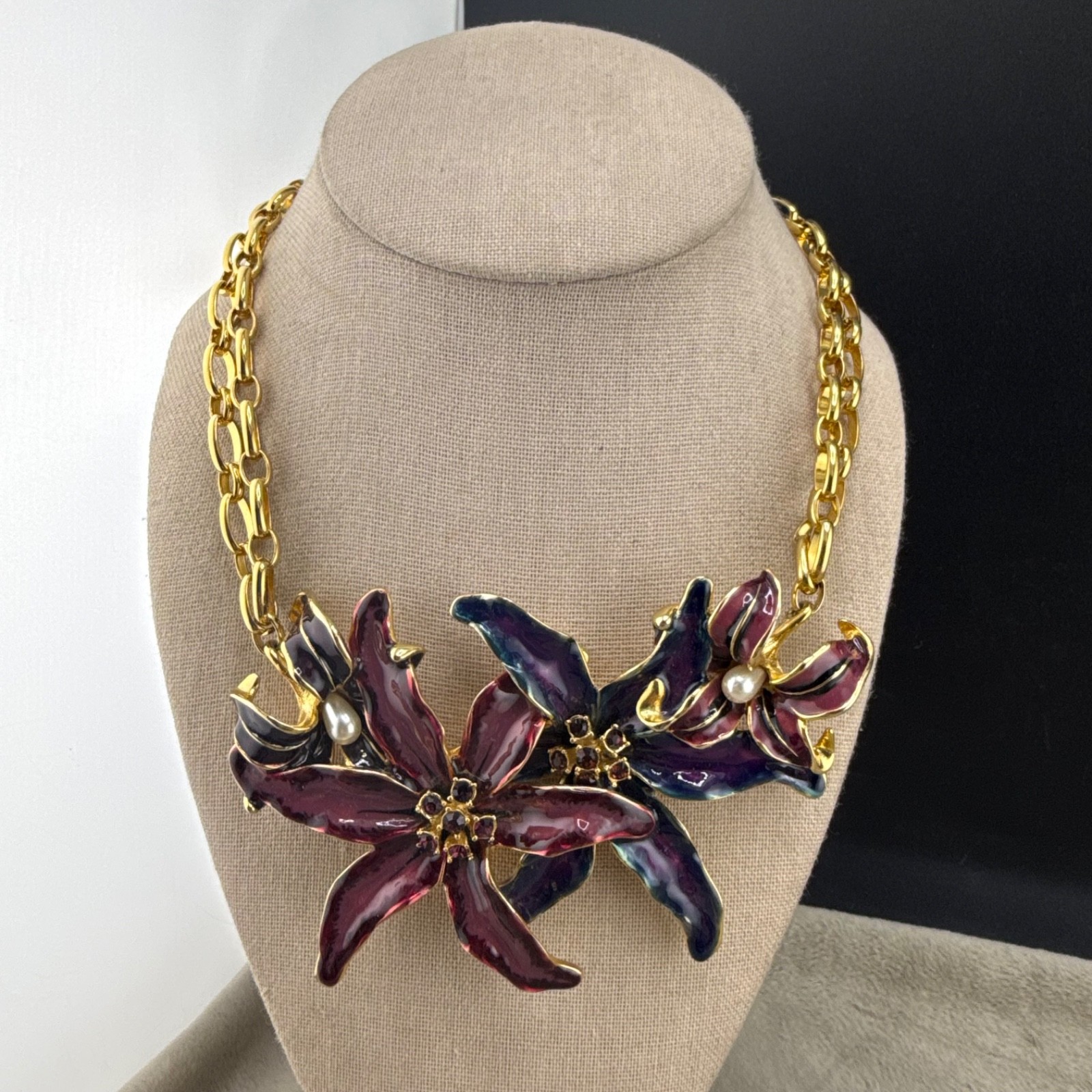 Vintage Kenneth Lane Statement Necklace Gold Tone Purple Lily Flower KJL 16”