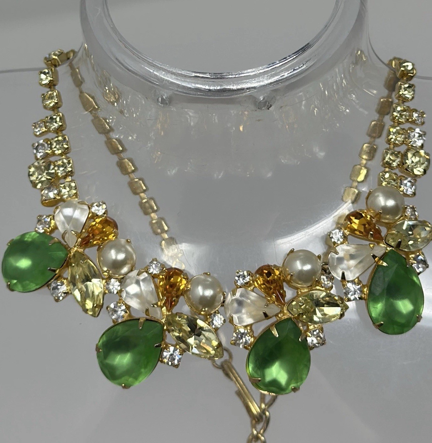 Vintage Czech Crystal Collar Necklace Green Yellow Imitation Pearl Statement 17”