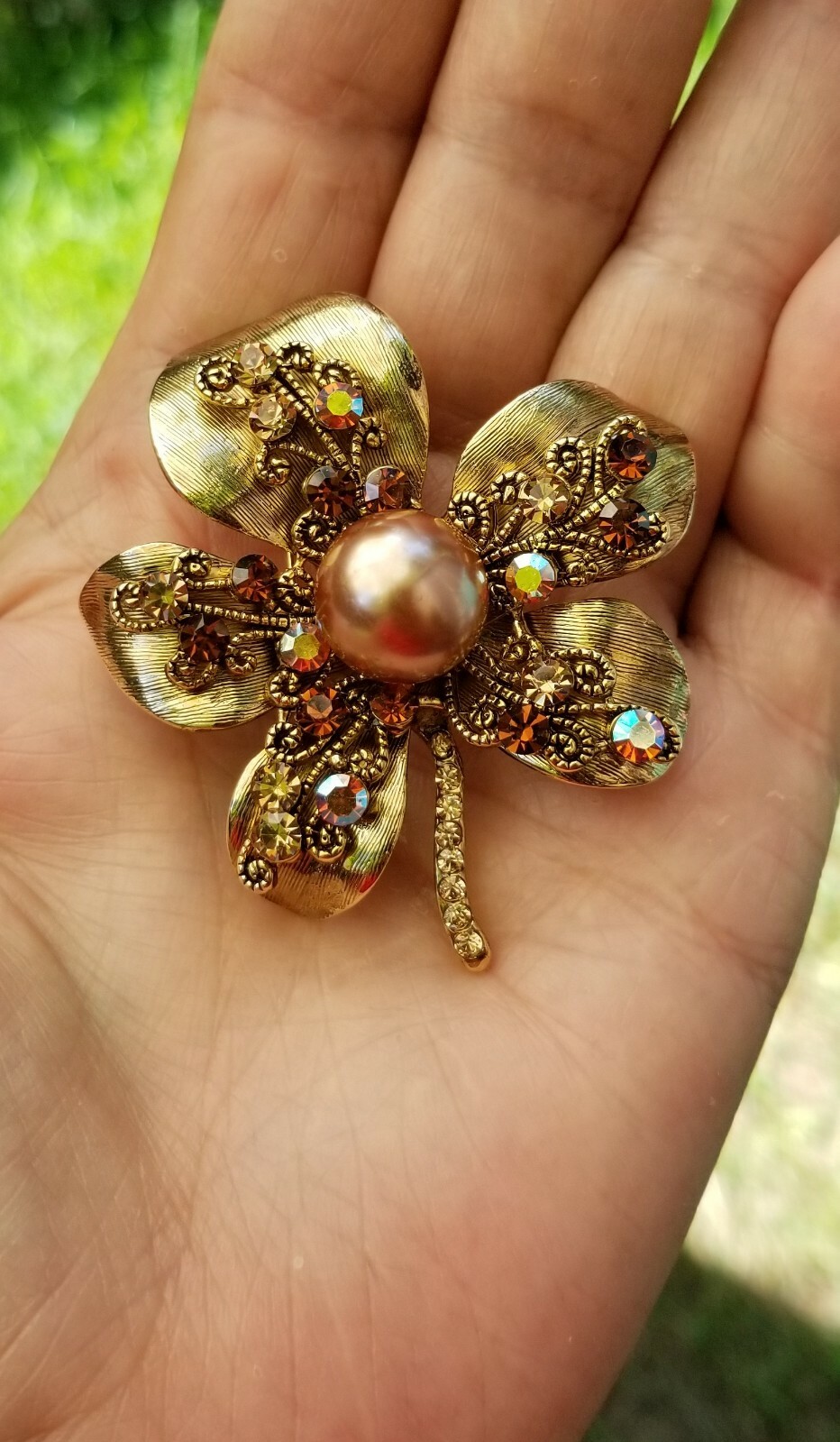 Golden Brown Crystal Faux Pearl Leaf Brooch
