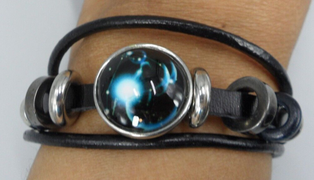 Galaxy Solar System Wrap Bracelet Leather Hematite Wood Stainless Steel Vtg 8″